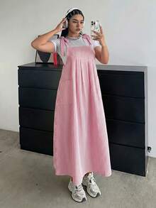大尺碼女款條紋雙口袋休閒寬鬆吊帶長洋裝，優雅夏季紅色女裝套裝 - 紅色 - 查看 1