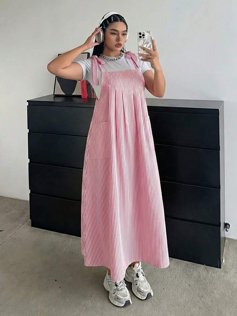 大尺碼女款條紋雙口袋休閒寬鬆吊帶長洋裝,優雅夏季紅色女裝套裝 - 紅色 - 查看 1