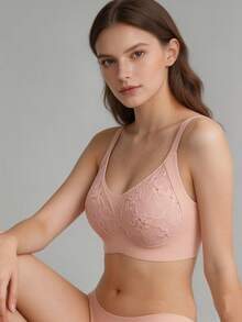 1pc Women's Wireless Lace Bra - Molded Cup, Adjustable Straps, Comfortable For Daily Wear - Pink - View 4