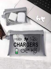 網格化妝包印有「Charger」字母，便攜式收納包，多功能收納包，化妝包，護膚包，旅行必需品，宿舍用品，珠寶收納，口紅和化妝品收納包。適合商務人士和旅行者，實用便攜式收納包，完美用於存放旅行、辦公室和居家數位配件，推薦作為節日和生日禮物 - 彩色 - 查看 6