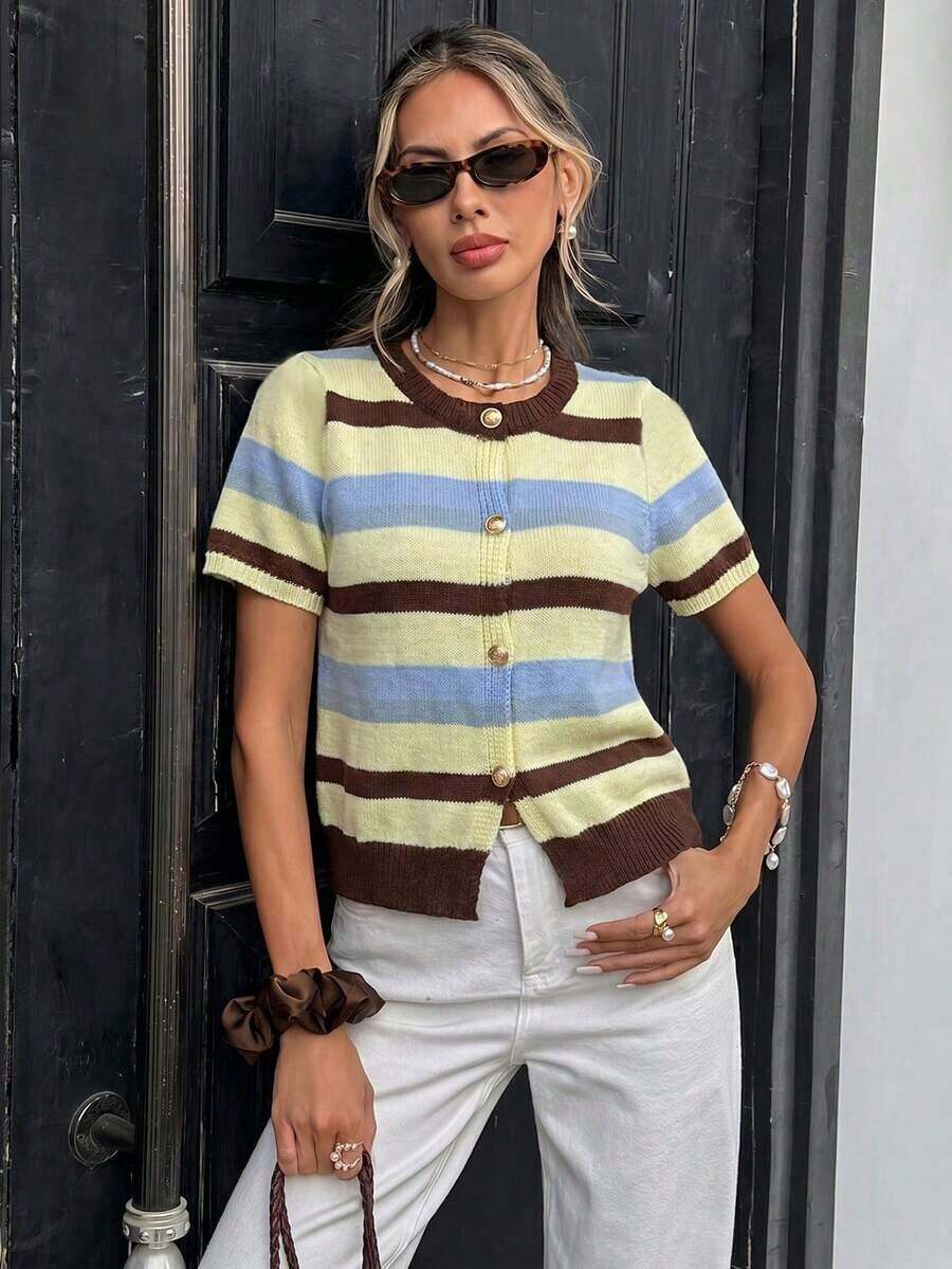 2026 Blusa de punto holgada de manga corta con cuello redondo de estilo casual para mujer, estilo universitario con rayas marrones y azules, blusa de verano, blusa de estilo universitario estadounidense, adecuada para uso diario, blusa de verano, blusa de primavera para mujer - Multicolor 10 - Ver 1