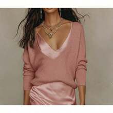 Women's Apricot Two-Piece Co-Ord Set, Deep V Knit Sweater & Satin Slip Dress, Casual Elegant Outfit For Daily, Home & Leisure - 粉紅色套裝 - 查看 3