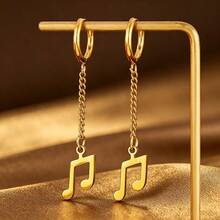 1 Pair Stainless Steel Musical Note Chain Dangle Hoop Earrings, Punk Rock Style Stainless Steel Ear Drops, Gold And Silver Available, Men And Women Music Festival Daily Versatile Jewelry - Note - View 1