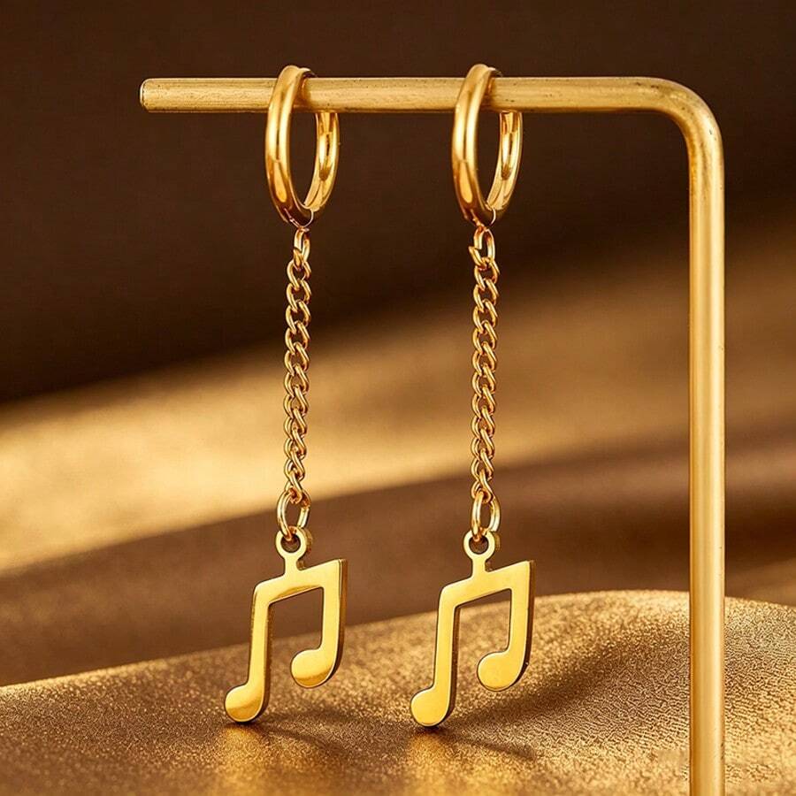 1 Pair Stainless Steel Musical Note Chain Dangle Hoop Earrings, Punk Rock Style Stainless Steel Ear Drops, Gold And Silver Available, Men And Women Music Festival Daily Versatile Jewelry - Note - View 1