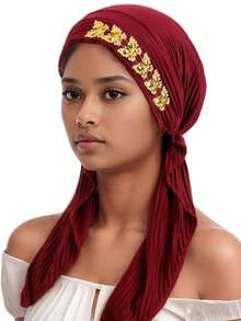1pc Crinkle Solid Color Turban Hijab With Gold Rhinestone Decor, Stretchy Pre-Tied Head Scarf For Muslim Women, Instant Head Wrap Cap - A - View 15