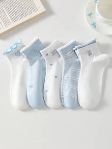 5 Pairs Women Cute Sweet White & Blue Bow, Heart, Cherry Print Short Socks, Student Socks, Comfortable Casual Creative Ruffled Socks, Random Colors, Suitable For Daily Wear All Seasons - Multicolor - View 3