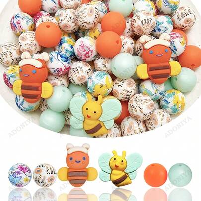 32pcs New Bee Series Silicone Bead Set, Yellow & Orange Bee Shaped Loose Beads For DIY Necklace, Bracelet, Jewelry Pendant, Pen Decor, Holiday & Birthday Gift