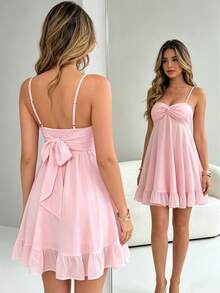 Women's Solid Color Spaghetti Strap Mini Dress, With Twist Bust Design And Ruffle Hem, Tie Back Elegant Pink - Pink - View 1