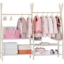 Kids Clothing Rack Dress Up Storage Closet For Girls Baby Garment Wardrobe Toddler Costume Closet With Double Hanging Rod Wood 2 Tier Bottom Storage Shelves (Double Tires) - Natural Wood - View 2