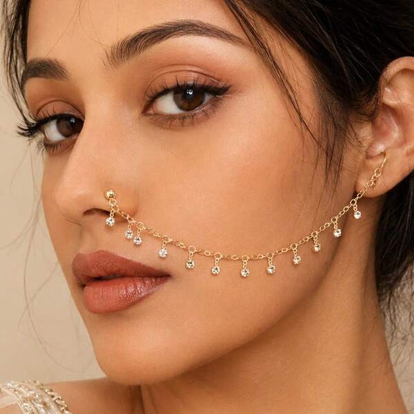 1 pieza Conjunto de cadena de nariz y pendientes con borla en forma de gota de agua, accesorio de nariz de estilo exótico y sexy de lujo para mujer, versátil para bodas, vacaciones, combinación de joyas (cantidad de cristal aleatoria)