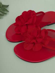 Solid Color Fashion Fabric Floral Thong Sandals Beach Vacation - Red - View 4