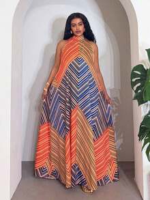 Veslaya Vestido largo de cuello alto sin mangas con estampado africano en línea A para mujer de talla, adecuado para festivales deúsica, Pascua, fiestas de cumpleaños, temporada de graduación, estilo universitario, uso diario casual, vacaciones, cruceros, playa, tomar el sol, virales, estilo callejero, invitada de boda bohemia, ir al trabajo, brunch, aeropuerto, fiestas, salidas festivas, banquetes elegantes, bailes, uso casual, clubes nocturnos de lujo - Multicolor - Ver 8