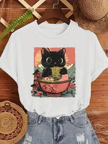 Camiseta casual para mujer tallas grandes, estampado de gato ramen, moda, cómoda para uso diario, tallas 0-8XL - Blanco - Ver 1