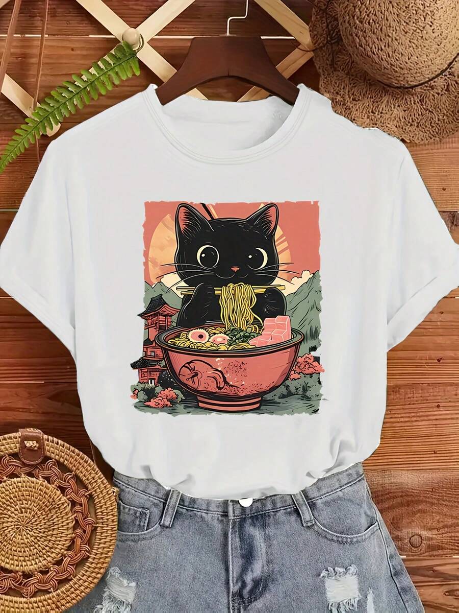 Camiseta casual para mujer tallas grandes, estampado de gato ramen, moda, cómoda para uso diario, tallas 0-8XL - Blanco - Ver 1
