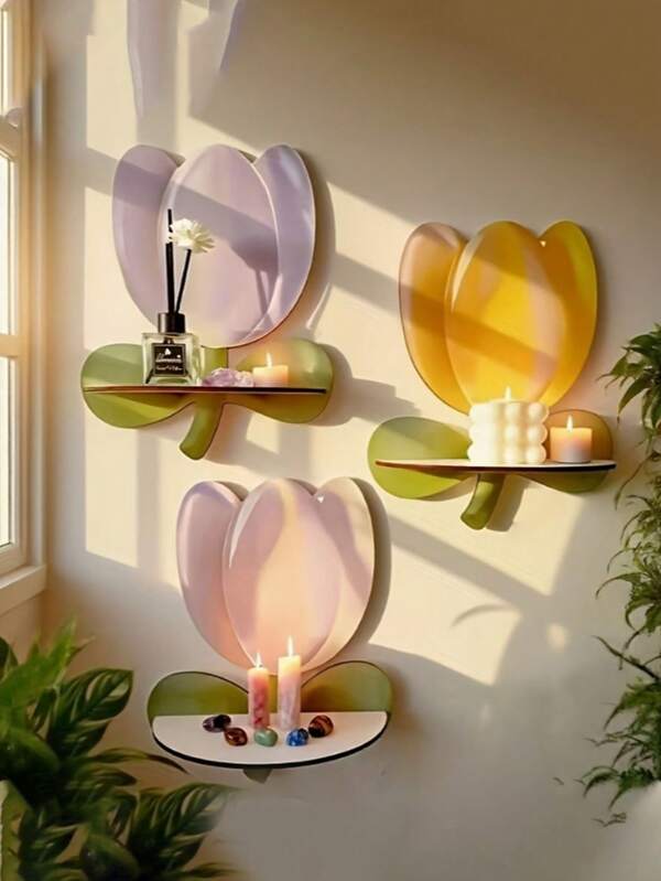 Estante colgante de pared con forma de tulipán estilo nórdico bohemio - Estante de almacenamiento colgante con flores, paleta de colores macaron, adecuado para productos de fragancia, estante de madera artificial ahorrador de espacio, adecuado para uso en baño y habitación - Estante de flores estilo nórdico moderno