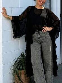 Kimono de gasa transparente con volantes para mujer, cobertura de manga larga con dobladillo asimétrico - Negro - Ver 3