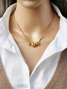 RAYQUEEN 1pc Gold 304 Stainless Steel Metal Ball Necklace, Vintage Multi-Layer Bead Hip-Hop Personalized Choker Chain, Elegant Neck Chain For Women, Suitable For Daily Wear - necklace - View 9