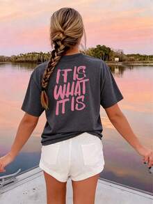 Plus Size Women "It Is What It Is" Letter Print Casual Round Neck Short Sleeve T-Shirt, Reversible Design, Fashion Top, Suitable For Summer, Women's Apparel - Dark Grey - View 1