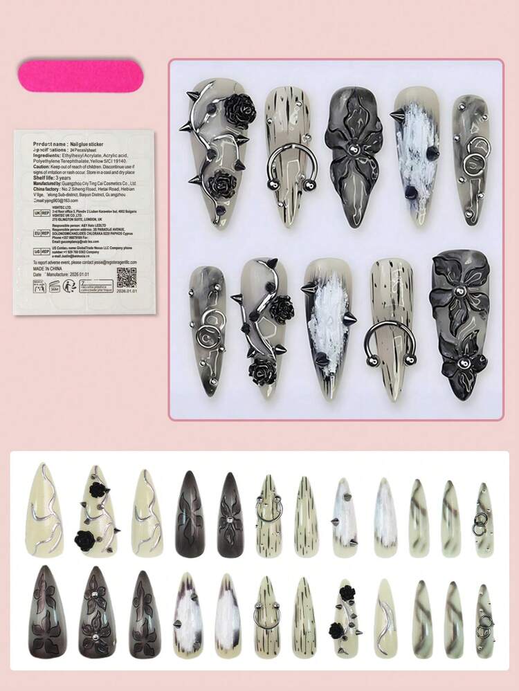 24片长尖头按压式美甲贴片，哥特式黑色法式美甲，黑色玫瑰3D线条艺术设计，朋克风格，亮泽全覆盖，适合女性和女孩日常佩戴 - 彩色 - 查看 2