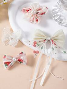 8/8/16pcs Girls Multicolor Tulle Chiffon Fabric Faux Pearl Flower Hair Clips Bow Tassel Ribbon Hair Accessories Headwear Top Clip Back Clip Side Clip Alligator Hair Clip For Daily Use - Multicolor - View 2