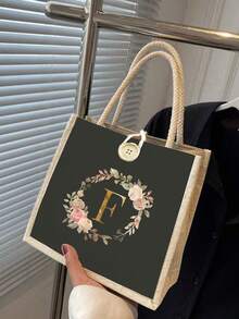 1个简约字母印花帆布手提袋，多功能便携教师手提包，女士礼物，毕业礼物，字母图案礼品袋，大容量印花女士手提包，可重复使用购物袋，适合日常使用、度假、通勤、旅行 - 彩色 - 查看 7