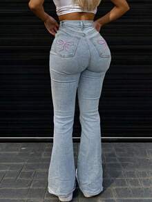 GILIPUR Jeans acampanados de talle alto estilo Y2K, pantalones de mujer de unicolor elásticos y elegantes, pantalones vaqueros con estampado de copos de nieve de uso casual - Azul 4 - Ver 7