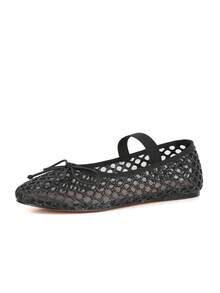 Ballet Flats For Womens Mesh Flat Breathable Closed Round Toe Bowknots Elastic Strap Party Dressy Dancing Casual Comfortable Raffia Ballerina Fishnet Shoes Chic Spring Summer Sandals For Ladies - Black - View 4
