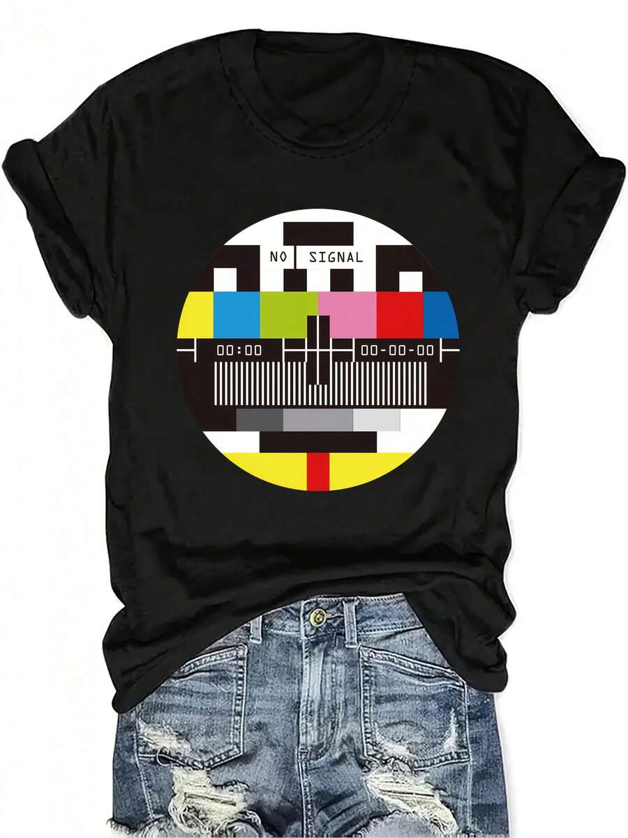Camiseta de con diseño de señal perdida, hecha de tela suave, con cuello redondo y mangas cortas, ligeramente elástica, adecuada todas las estaciones, elegante, de secado rápido y duradera. - Negro - Ver 1