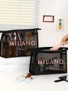 大容量網格肩背包附化妝包功能，飾有玫瑰金「Milano」標誌。這是一款便攜式海灘度假大容量托特包、網格海灘包、便攜式透明網格化妝包和收納包。它是適合男士、女士、情侶日常使用、約會、生日和其他場合的理想購物袋。 - 彩色 - 查看 2