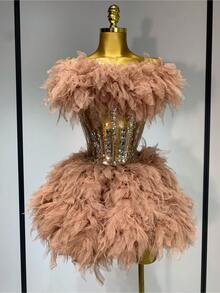 Conjunto de 2 piezas de malla sin tirantes para mujer, traje para sesión de fotos de cumpleaños y nocturna de celebridad, vestido de graduación de 2025, vestido de cumpleaños - Marrón claro - Ver 2