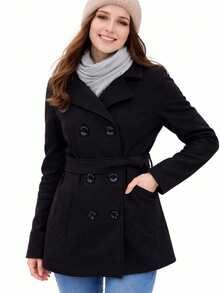 Women's Wool Blazer With Sash Belt - Black - View 1