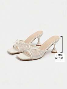 Women's High Heel Sandals, Lace Mesh Design With Bow Decor, White High Heels, Stiletto Mule Slippers, Cute & Sweet, Gentle Style, Suitable For Daily, Party, Vacation, Wedding, Commute, Live Streaming - White - View 5