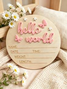 1pc Newborn Photography Props "HELLO WORLD" Baby Birth Announcement Sign, Wooden Baby Name Announcement Plaque, Baby Shower Easter Gifts, Girls/Boys - Multicolor - View 8