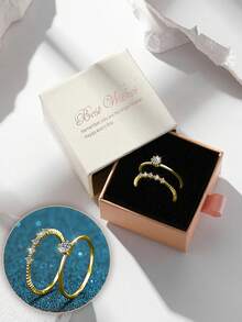 Juego de caja de regalo, juego de anillos dorados con circonita cúbica, anillo de banda retorcida + anillo de circonita de diamante individual, joyería minimalista para que las mujeres apilen - Dorado - Ver 9