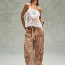Camiseta sin tirantes de unicolor con volantes tejidos para mujer, estilo casual boho para vacaciones, San Valentín, festivales de música - Albaricoque - Ver 6