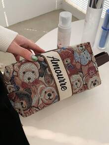 女款可愛熊圖案帆布手提化妝包兼盥洗用品收納袋，大容量便攜，適合通勤與旅行 - 彩色 - 查看 6