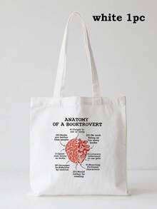1pc Anatomy Of A Booktrot Canvas Tote Bag, "Would Rather Be Reading" Design With Brain Heart Book Lover Traits, White Bookworm Humor Bag For Library School Commute, Gifts For Readers Book Lovers Women Men - Multicolor - View 16