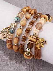 Bộ 4 vòng tay phong cách Bohemian mặt lá và voi, hạt gỗ, tua rua - Màu cà phê - Xem 2