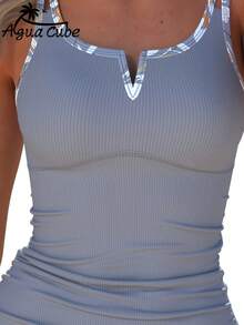 AguaCube [26SS Summer]Floral Print Striped Pit-Ton Pit-Ton Fabric Women's Tankini Set For Beach Resort - Grey - View 4