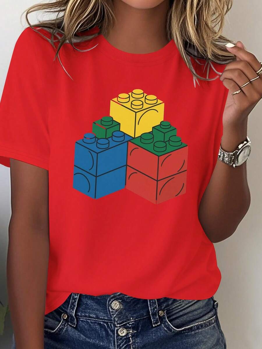 Camiseta de mujer de color sólido, con diseño de bloques entrelazados, cómoda y duradera. - Rojo - Ver 1
