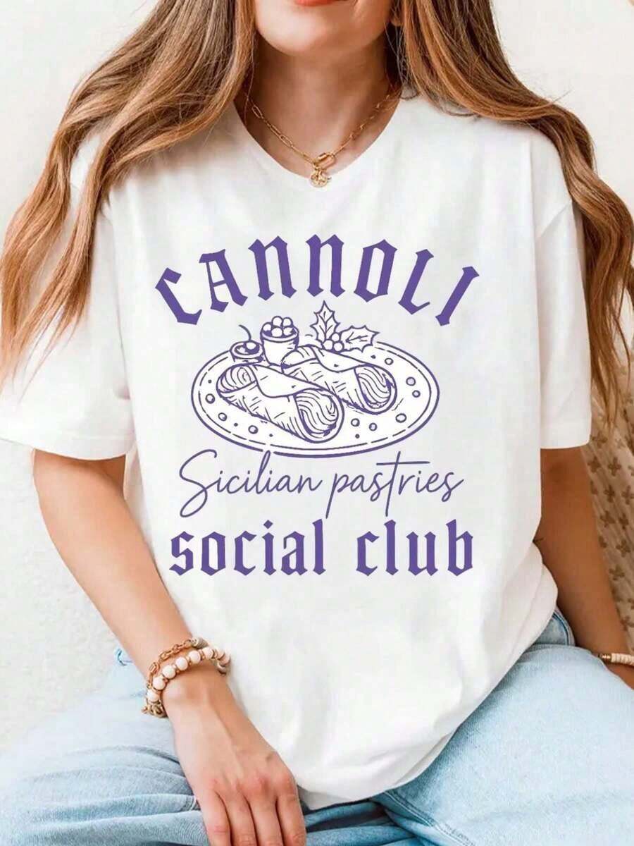 Women's Comfortable And Sporty Casual Cotton T-Shirt, Cannoli (Sicilian Pastries) Design, Ideal For Social Clubs Or As A Gift, Fashionable - 白色 - 查看 1