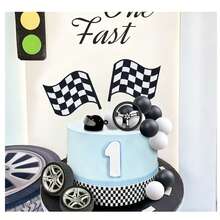 16pcs Racing Flag Cake Decoration Set, Includes Motorcycle Helmet, Steering Wheel, Racing Theme Boy 1st Birthday Party Decor - Racing - View 5