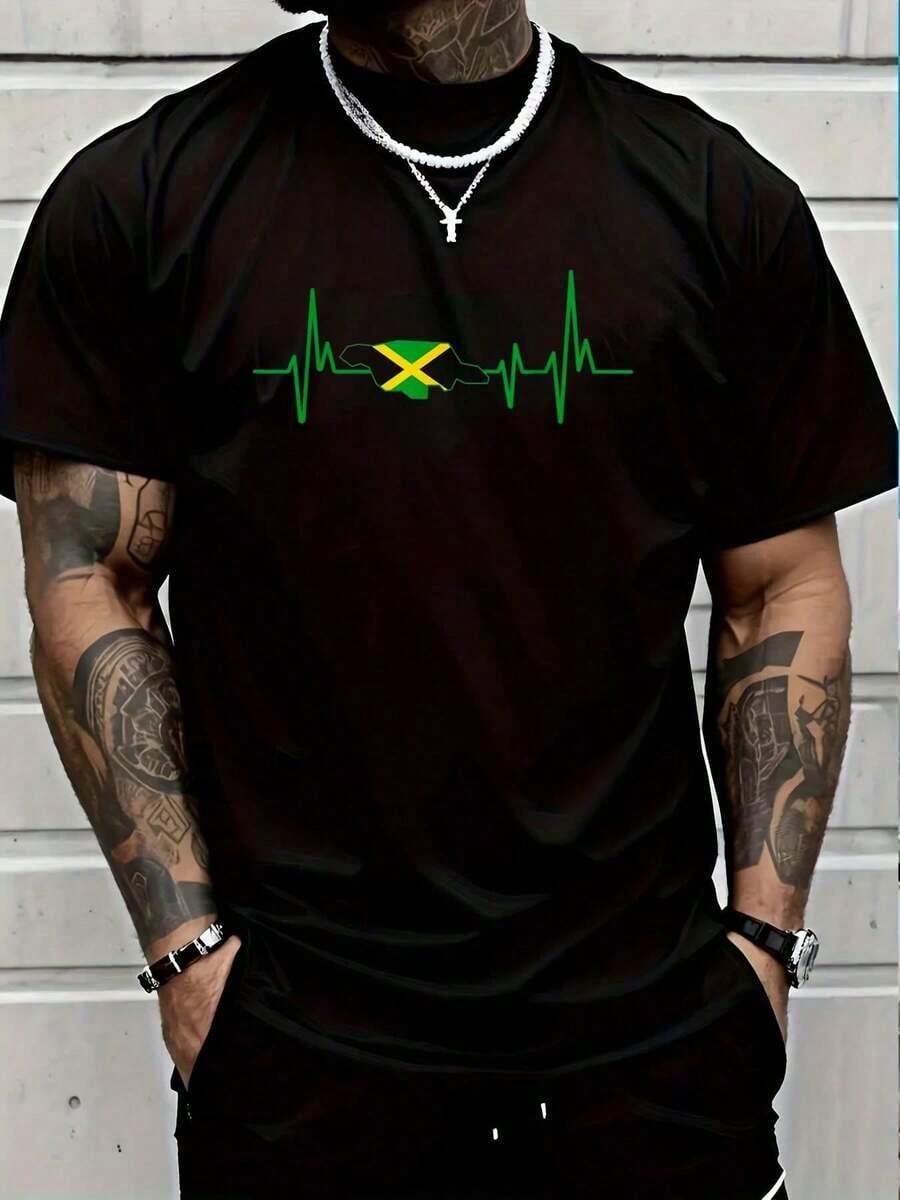 Camiseta 100% Algodón con Diseño de Latidos del Corazón y Bandera de Jamaica, Camiseta Casual de Manga Corta para Hombre y Mujer, Camiseta Gráfica - azul real - Ver 1