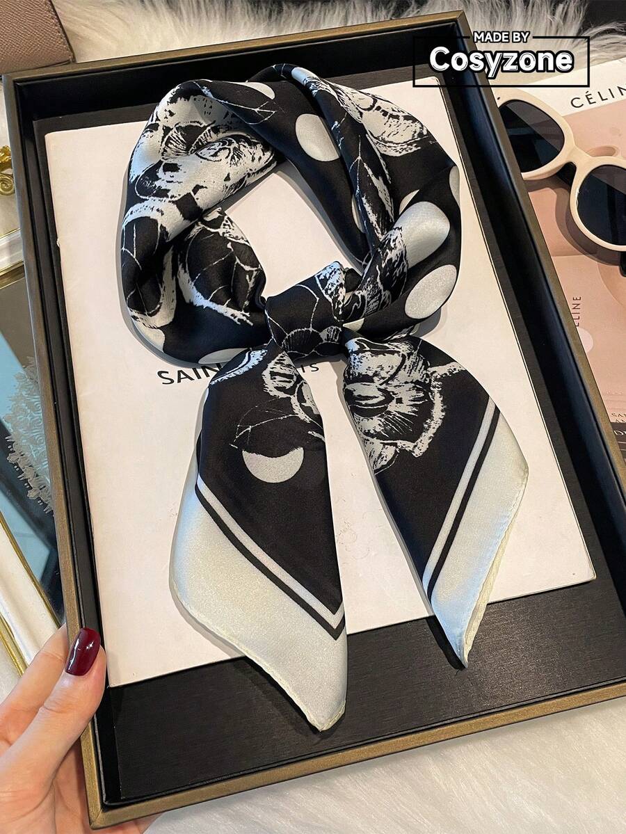 1件仿絲極簡百搭圓點印花70cm小方巾,女款時尚方巾腰帶裝飾絲帶髮飾,適合日常穿搭 - 黑色 - View 1