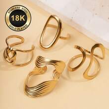 4pcs Fashionable Stainless Steel Rings With Simple Hollow Geometric Design, Versatile Casual Stacking Rings, Perfect Gift For Her, Suitable For Teenagers - Gold - View 2