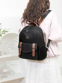 Mochila de gran capacidad para mujeres, bolso clásico de unicolor para damas - Negro 10 - Ver 7