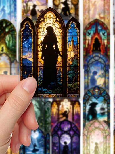 50 pièces Autocollants de silhouette de paysage en verre teinté, décalcomanies de verre fantaisie colorées, autocollants en vinyle imperméables pour bouteilles d'eau, ordinateurs portables, coques de téléphone, sacs à dos, bagages, journaux, décoration de chambre, décoration de voiture