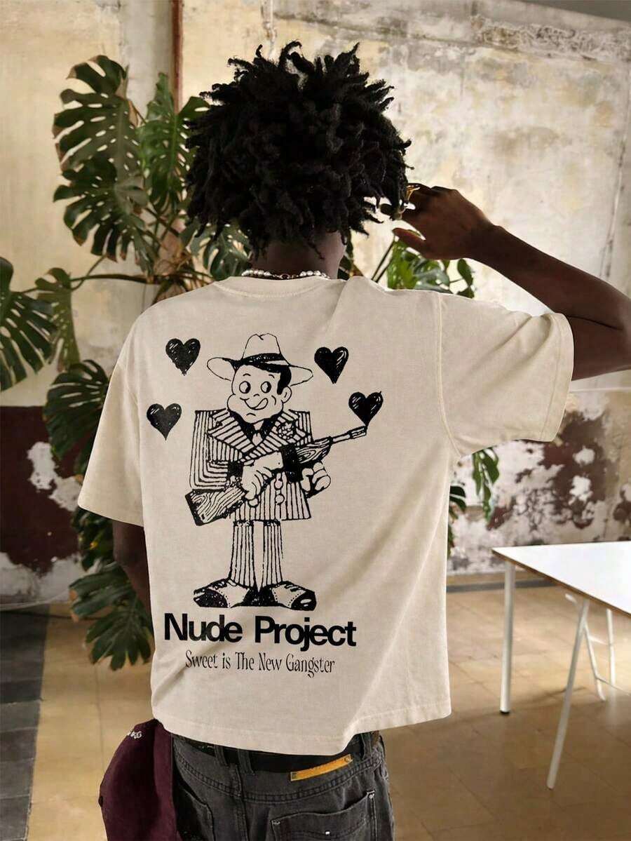 INFLATION Camiseta de Manga Corta para Hombre con Estampado de Dibujos Animados, Casual y Versátil para Uso Diario - Albaricoque - Ver 1
