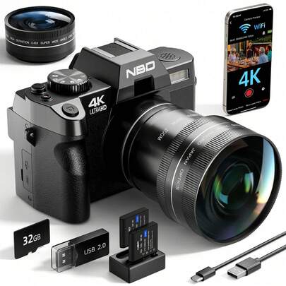  كاميرا رقمية 4K من NBD، 48 ميجابكسل، مصممة للتصوير، بؤرة تلقائية، تكبير رقمي 16X، شاشة قابلة للتدوير 180 درجة، فلاش مدمج، قادرة على التصوير الفيديو والسيلفي والتصوير الليلي، كاميرا مبتدئة بعدسة واسعة وماكرو، مناسبة لتصوير النباتات والزهور والبورتريه والمناظر الطبيعية، تدعم WiFi والتحكم عبر التطبيق، سهلة التشغيل، مثالية لمبتدئي التصوير، تتضمن بطاقة TF 32 جيجابايت وبطاريتين