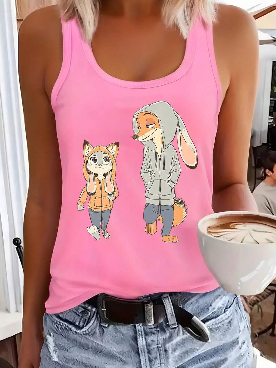 Disney Zootopia Judy & Nick Women's Sleeveless Tank - Cute Hoodie Swap Couple Print Racerback Top, Lightweight Casual Shirt For Disney World Trip, Summer Vacation & Daily Wear - Hồng - Xem 1